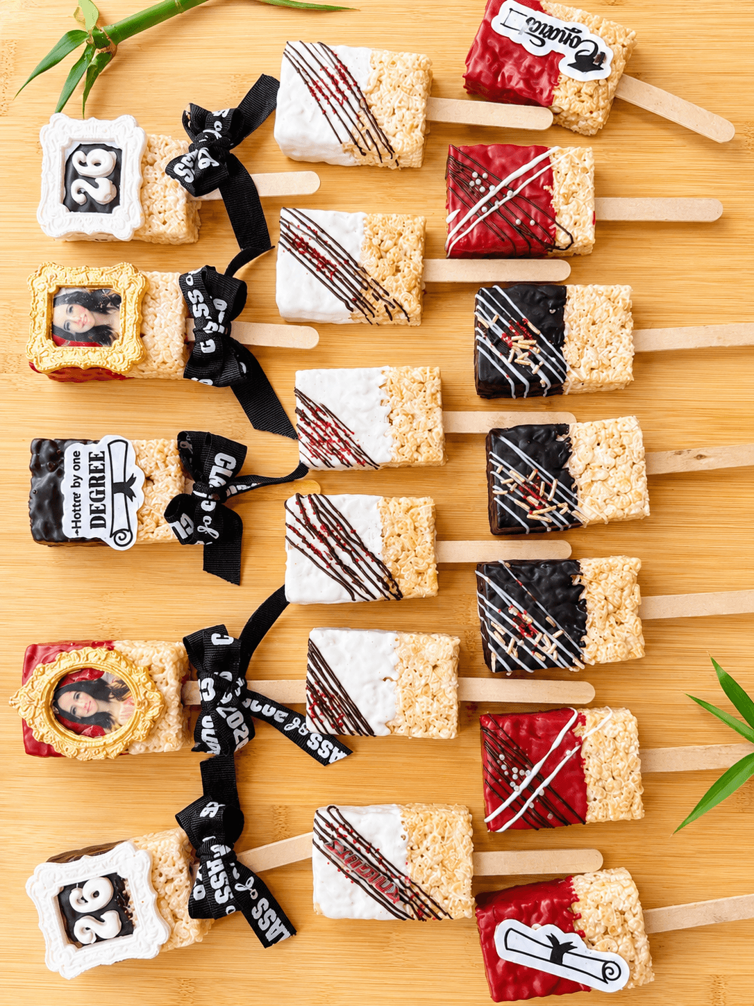 Graduation rice krispy bars in school colors with edible image frames