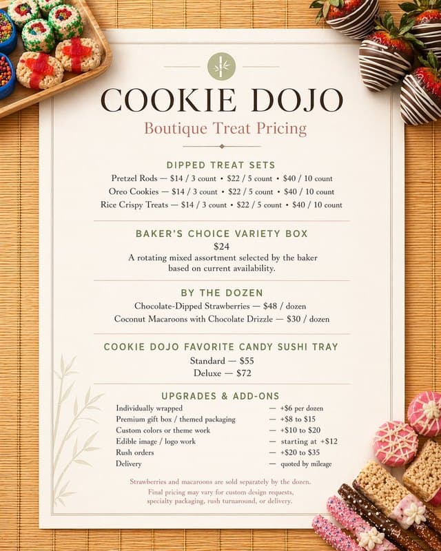 Cookie Dojo Boutique Treat Pricing menu