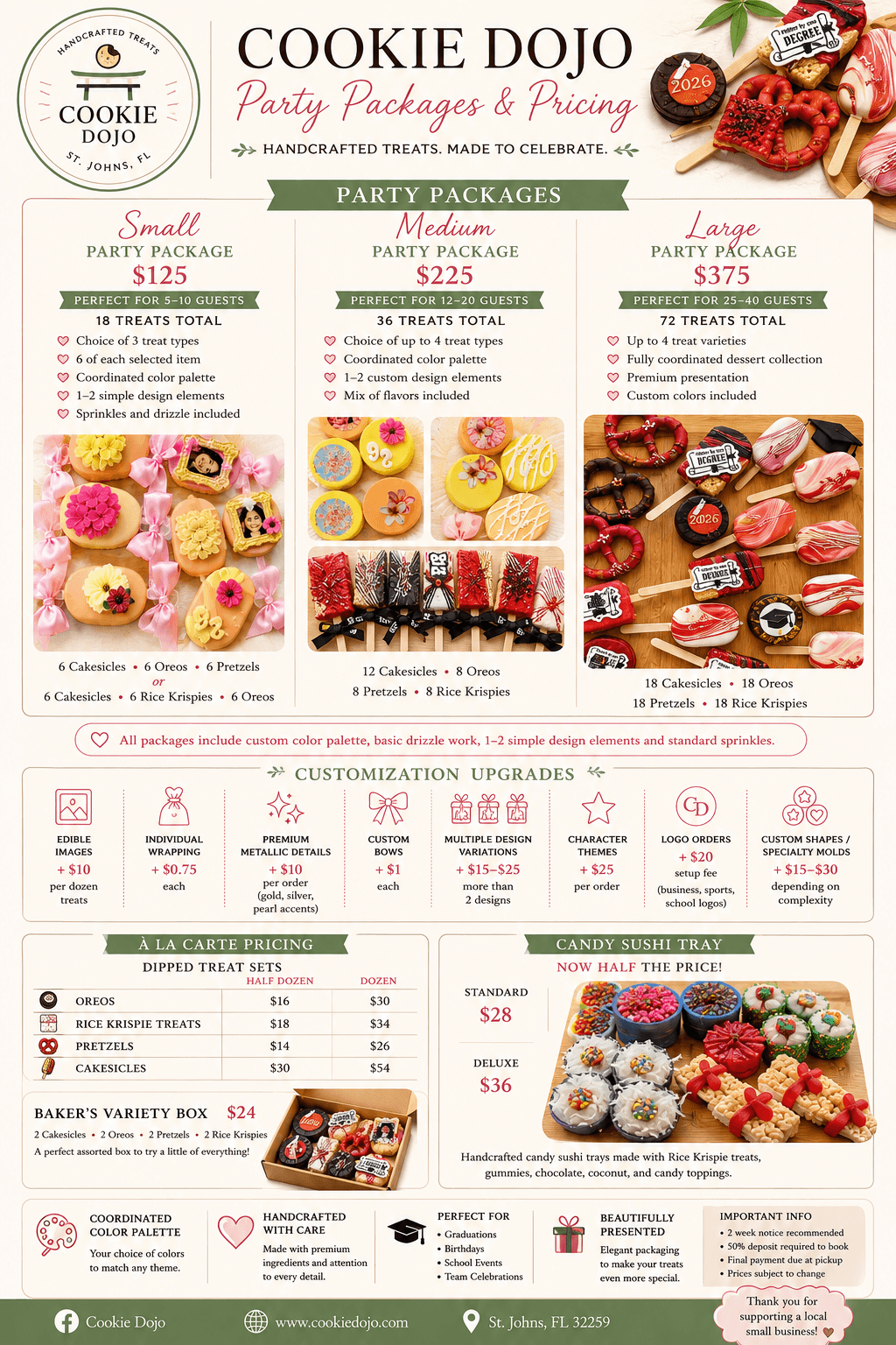 Cookie Dojo Party Packages and Pricing menu